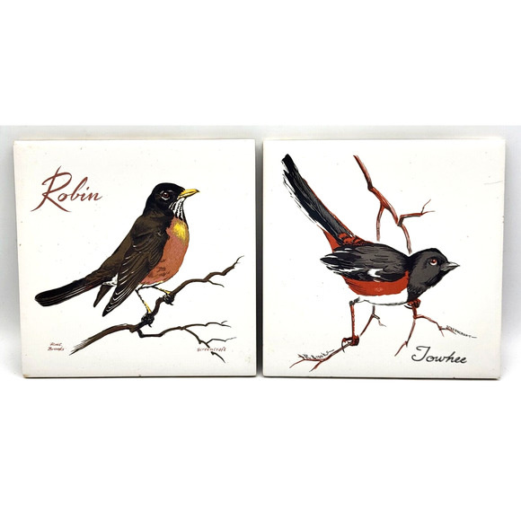Vtg Screencraft Ceramic Tiles Handpainted ROBIN & TOWHEE Signed Robert Brooks 6" - Picture 1 of 10
